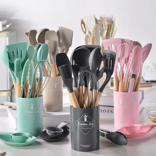 12-Piece Silicone Cooking Utensils Set with Wooden Handles